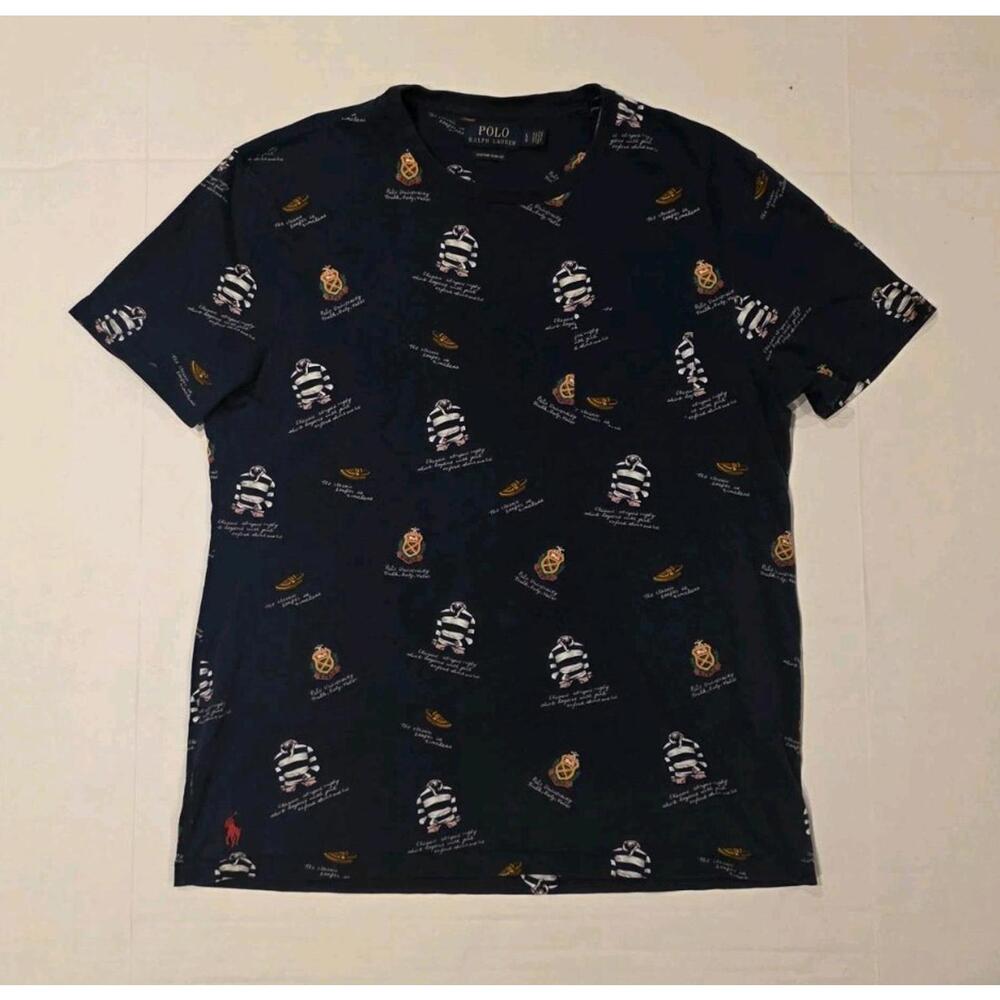 Rare Polo Ralph Lauren Shirt Mens Large Blue All Over Print Crest Classic